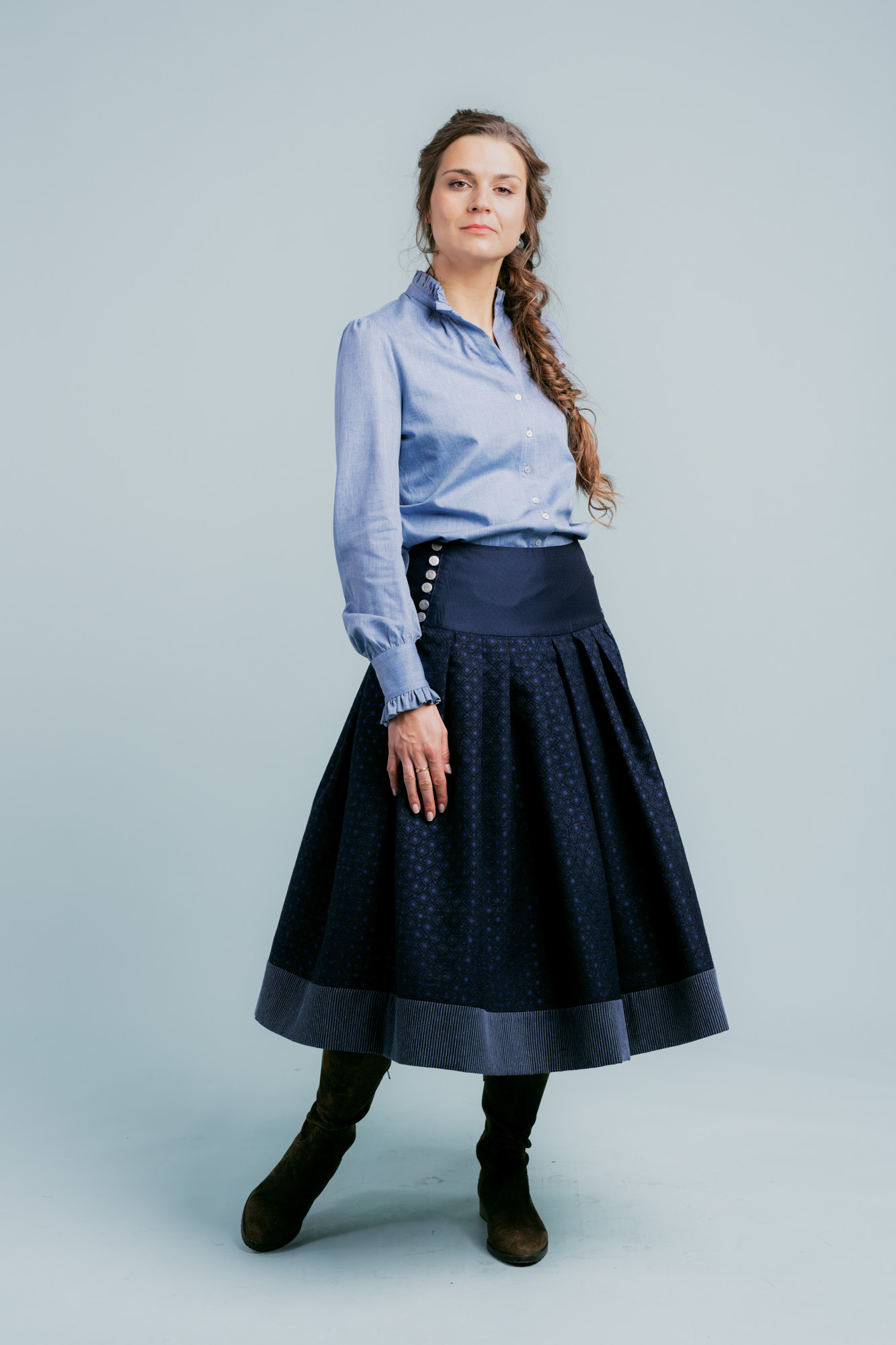 Bluse-Damen-Baumwolle-Winter-blau-Rueschen-Susanna