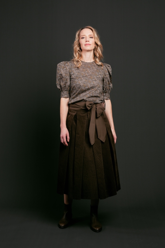 Bluse-Damen-Muster-gruen-braun-Tula