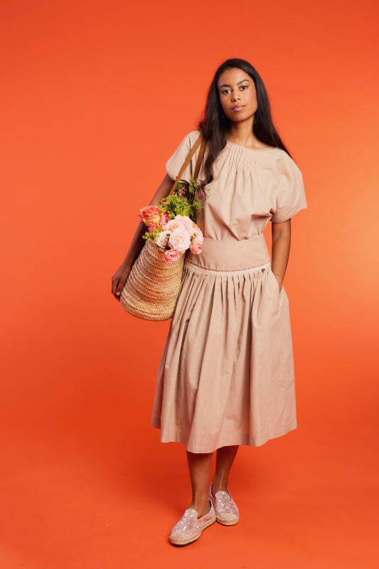 Trachenrock-lang-Streifen-camelbeige-Weissach