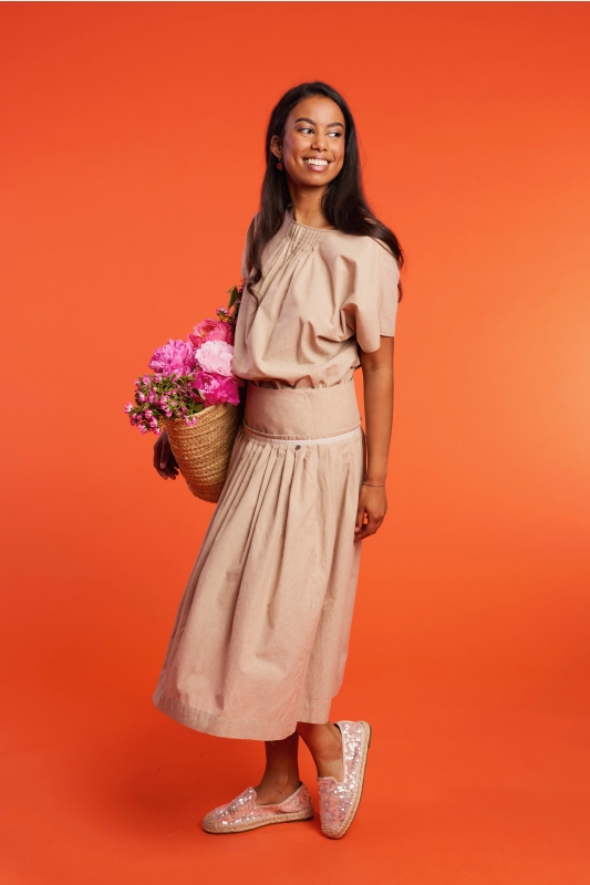 Trachenrock-lang-Streifen-camelbeige-Weissach